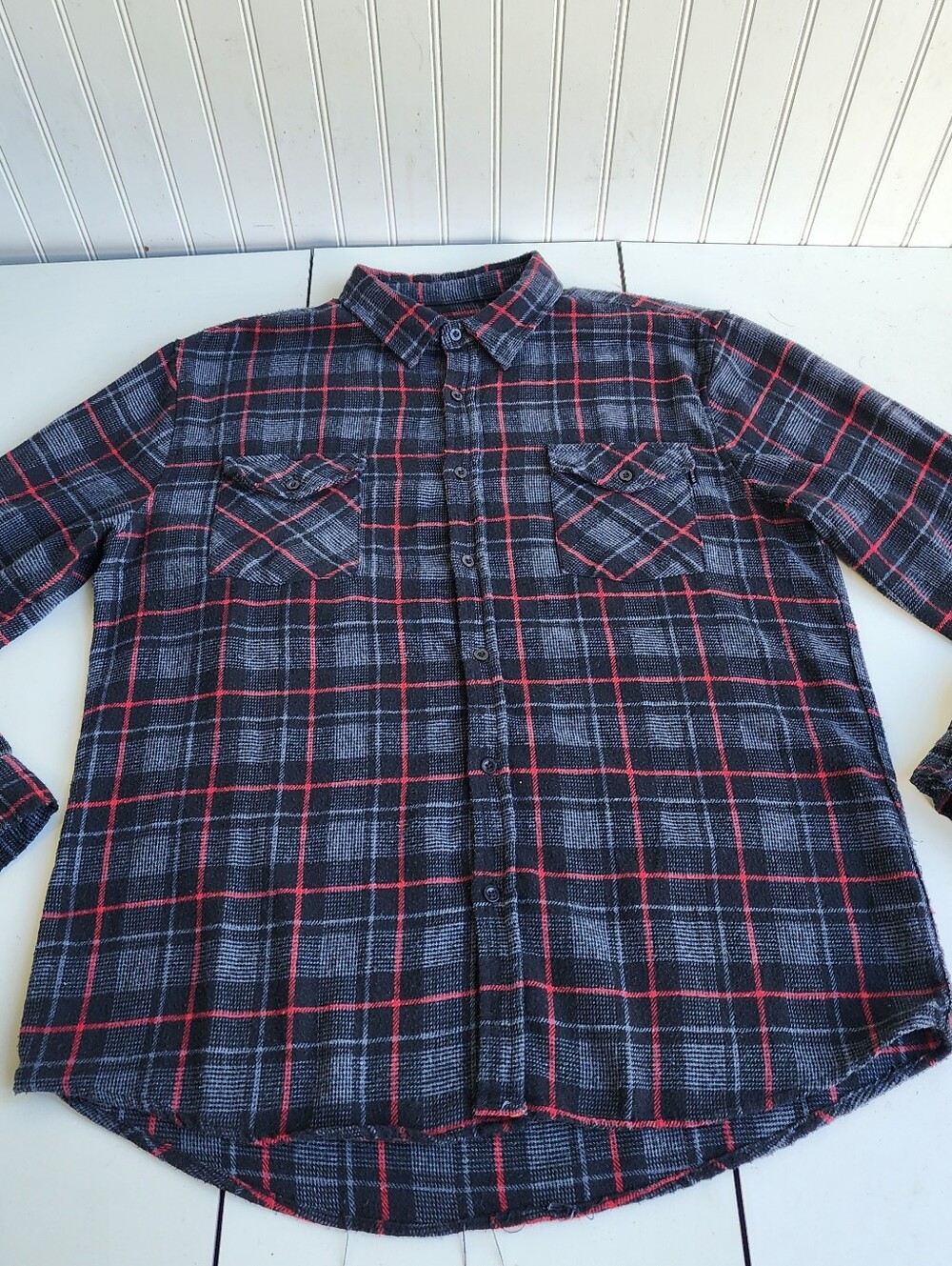 Molokai Surf Co Mens Button Up Flannel Shirt Gray Black Red Plaid Long Sleeve XL